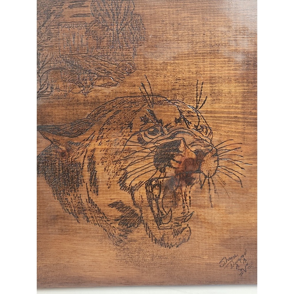 Signed Shane Davenport Wildlife Cougar Wood Burning Panel Art 11.25" x 10"